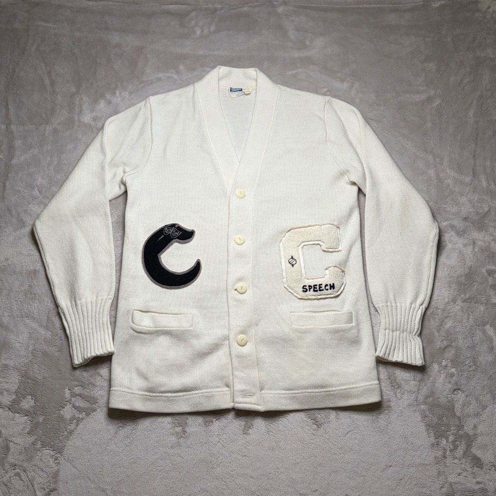 Vtg 70s 80s Dehen Letterman‎ Varsity Cardigan Sweater Size 38 White Knit Acrylic